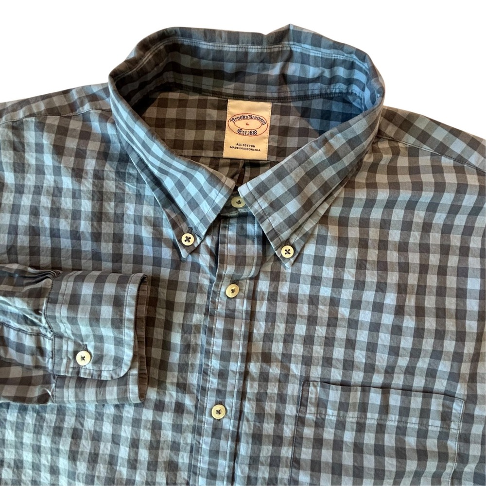 Brooks Brothers Mens Gingham Check Button Down Shirt Blue Grey Cotton Large